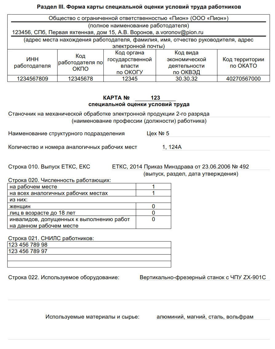 Карта специальной оценки условий труда пример