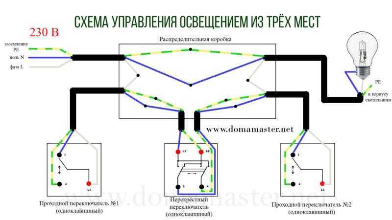 Схема подключения проходного выключателя с 2-х мест на 2 лампы - domwine
