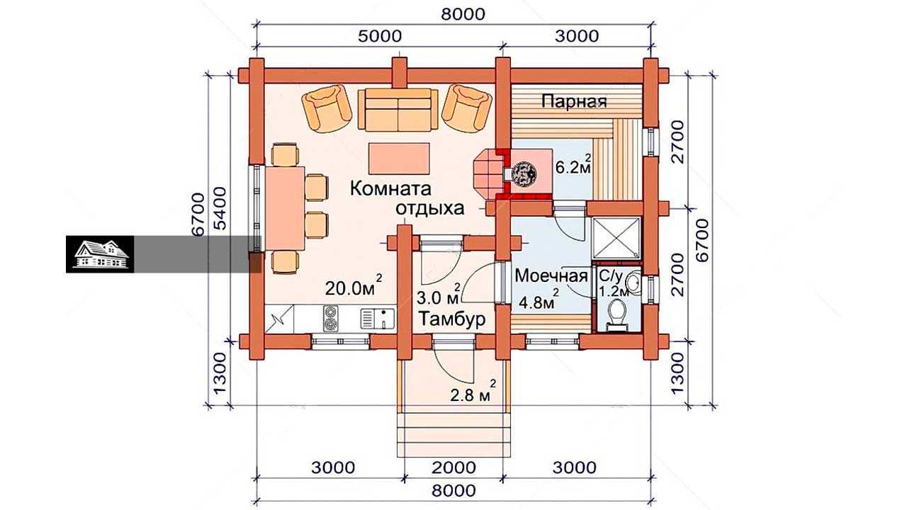 Проект бани 5х7 с комнатой отдыха