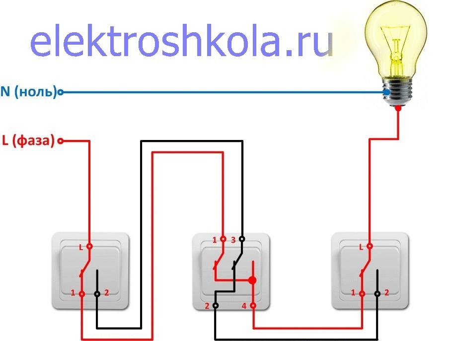 Свет с тремя выключателями. Схема подключения переходного выключателя с 3 мест. Проходной свет схема подключения переключатель. Схема подключения с 3 проходными выключателями. Схема подключения проходных выключателей света.