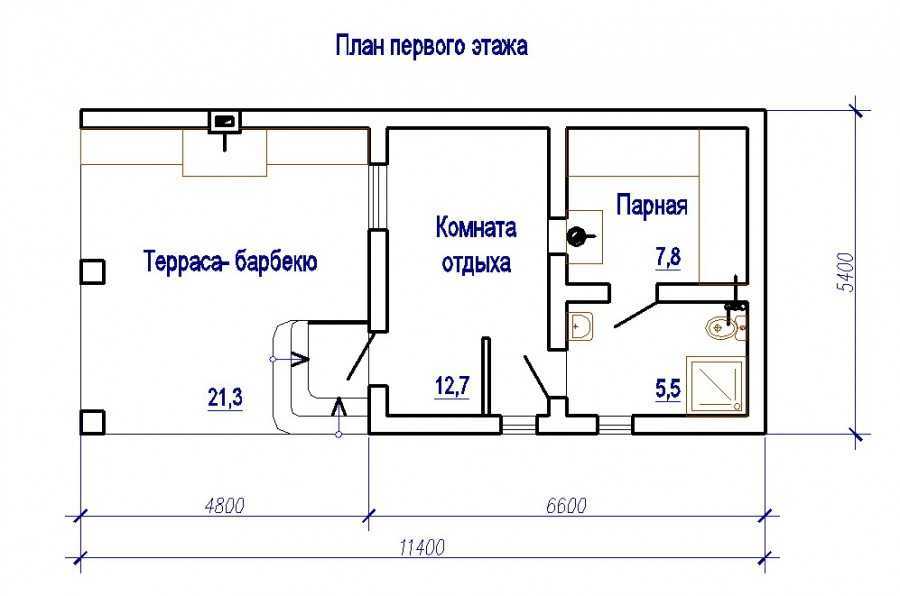 План бани с комнатой отдыха и верандой из пеноблоков