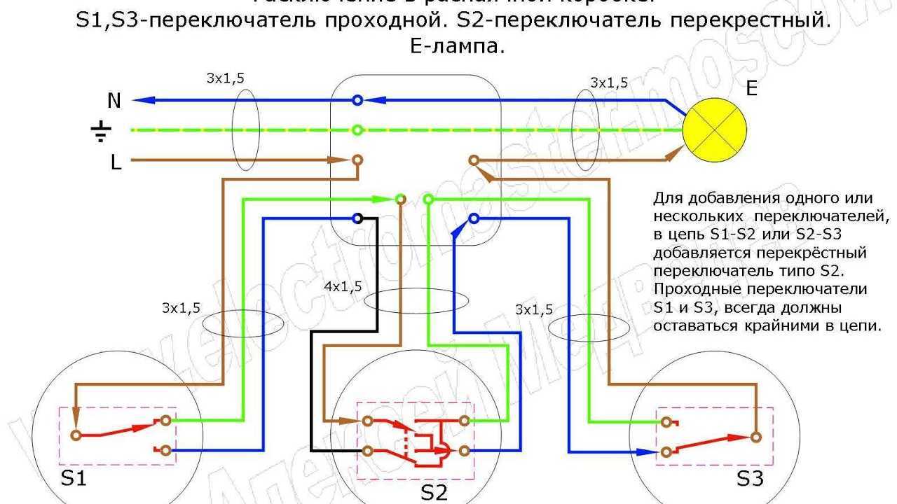 Схема подключения проходного двухклавишного выключателя с двух мест