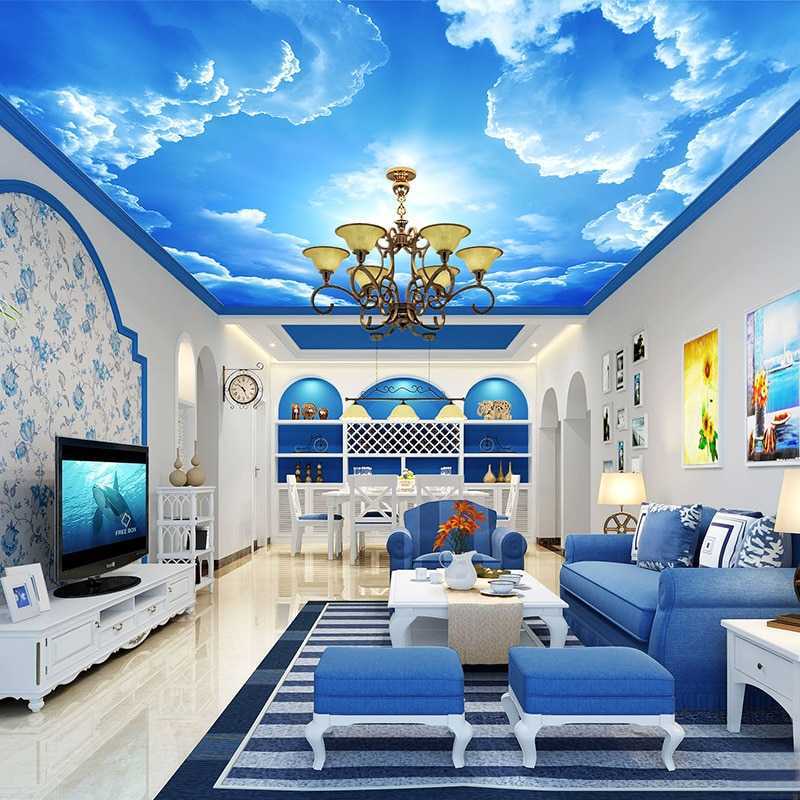 Сочетание цветов потолка. Голубой натяжной потолок. Голубой потолок в интерьере. Комната с голубым потолком. Синий потолок.